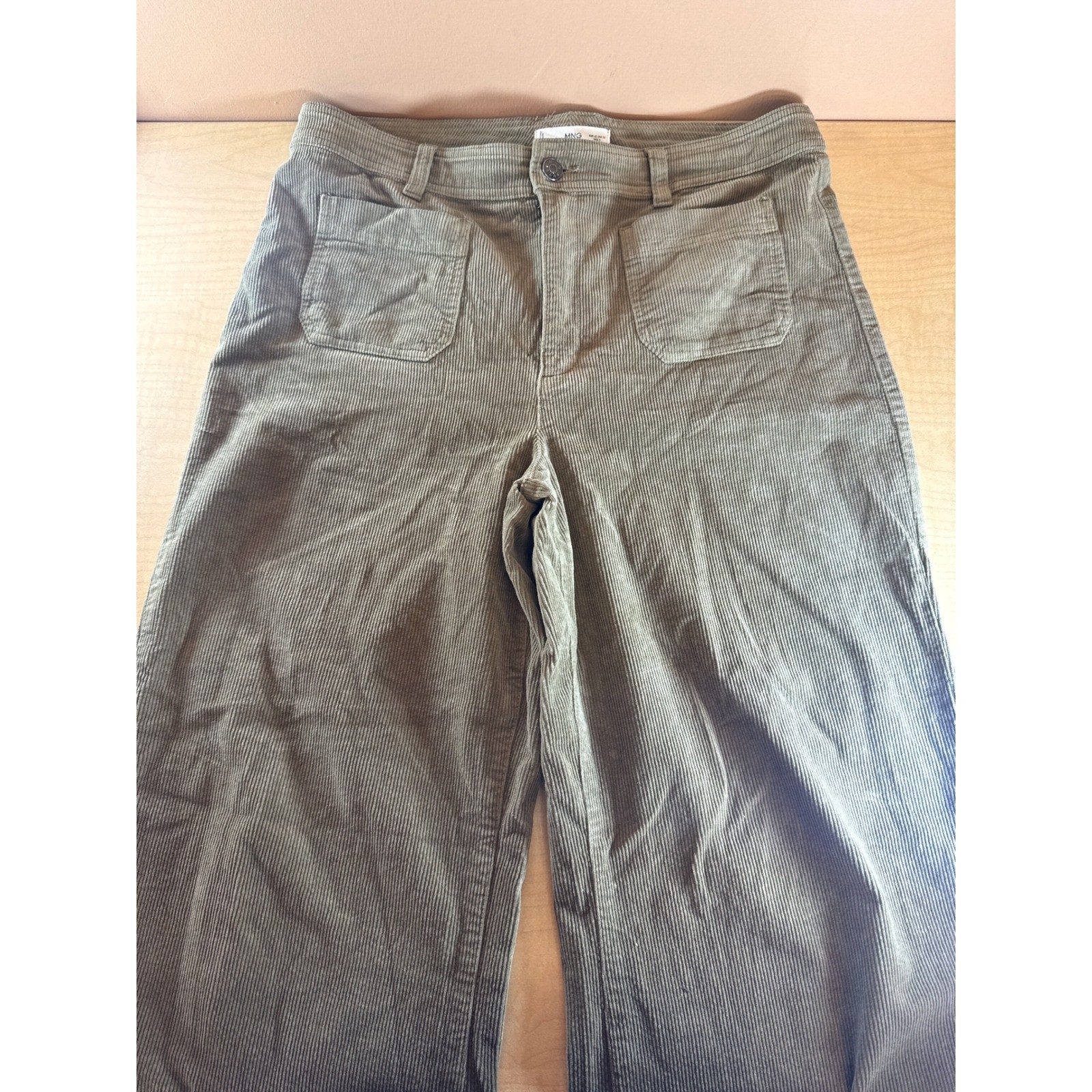 Pantalones Mango MNG Pana Pierna Ancha Verde Oliva Cintura Alta Talla 10