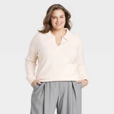 Women's Cozy Knit Polo Collar Pullover Sweater - A New Day Cream