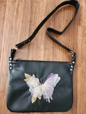 Handmade Black Leather Crossbody Bag with Embroidered Butterfly And Flowers
