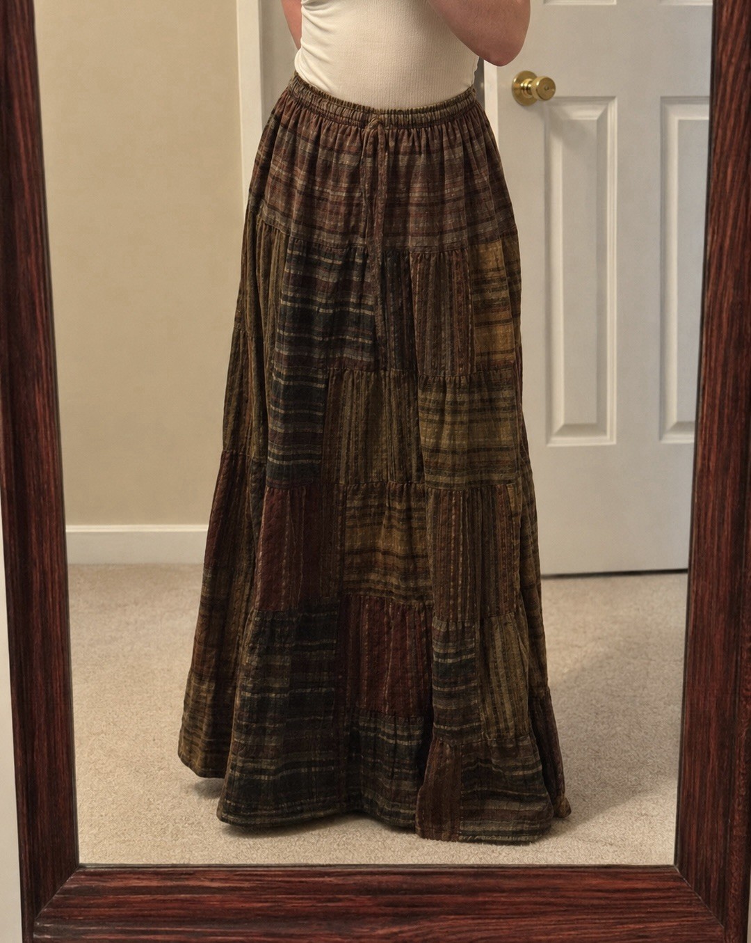 Women’s Dark Grunge Patchwork Maxi Skirt Elastic Waist Pull-On One Size