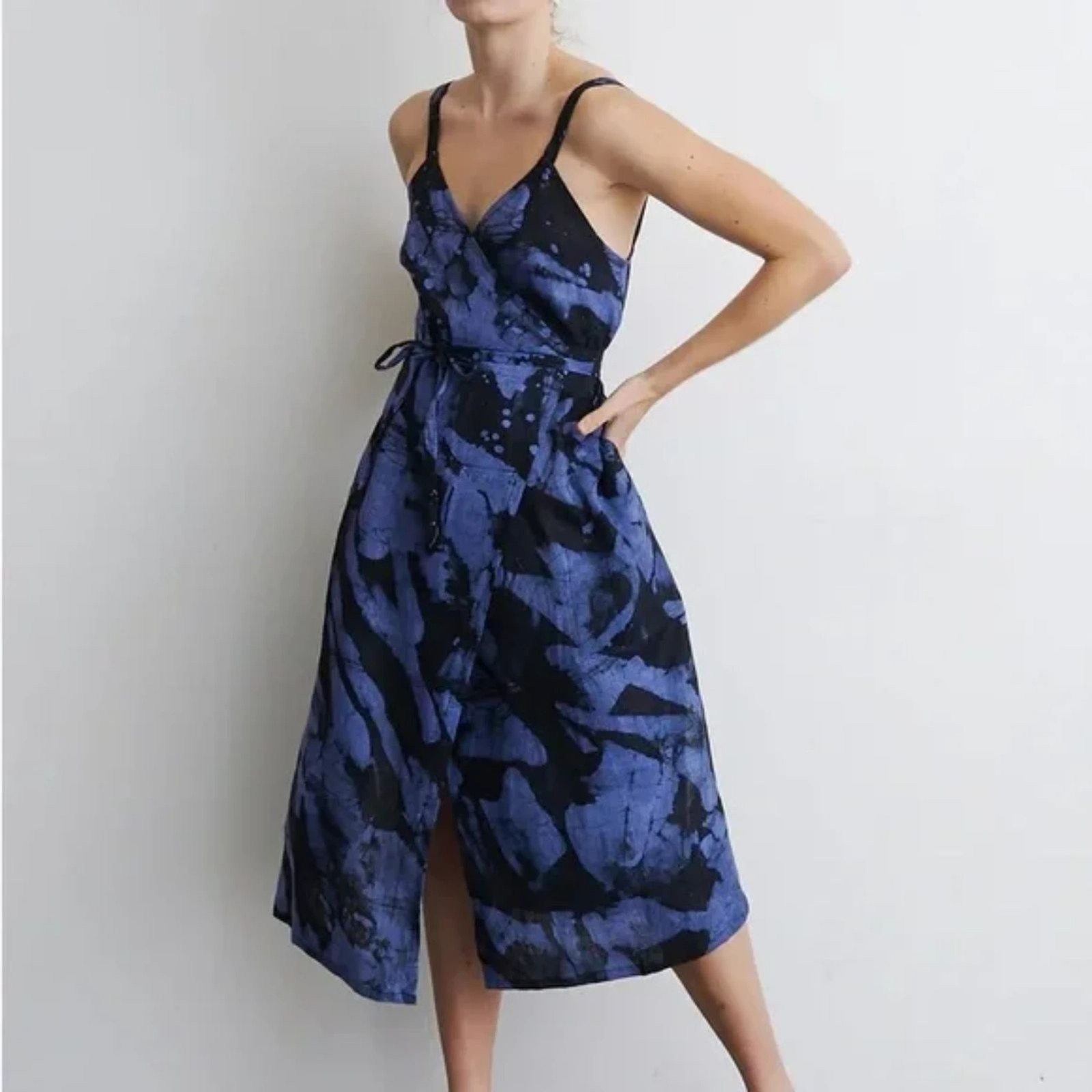 Osei-Duro Filini Dress in Rorschach Blue Black Size XS Linen Midi Wrap Casual