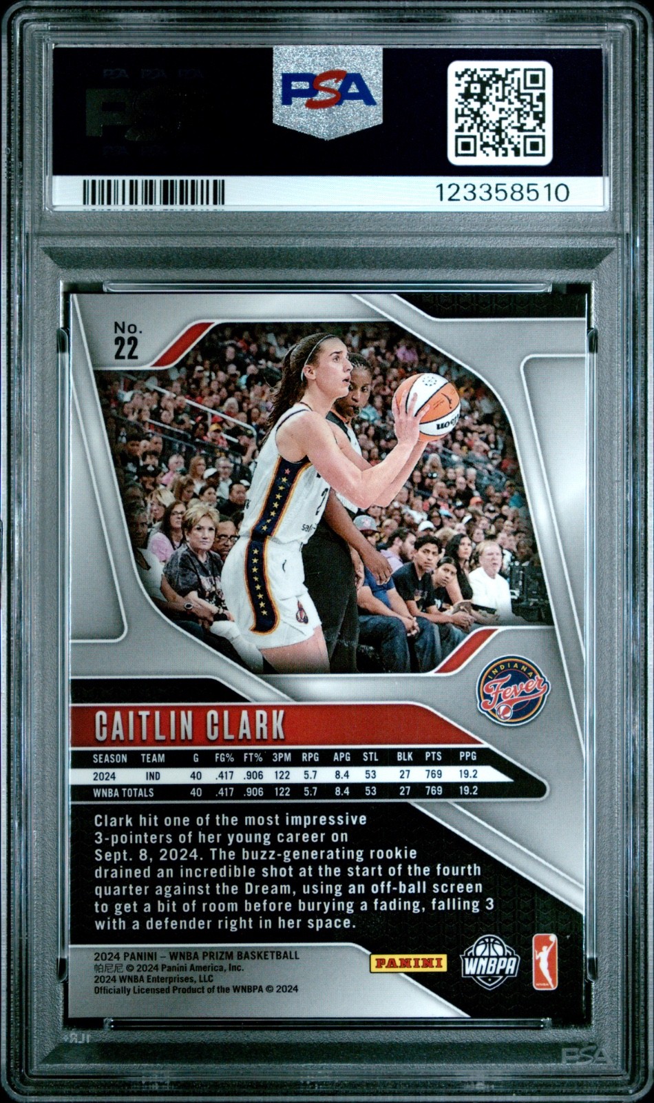 2024 Panini WNBA Prizm Caitlin Clark RC Rookie #22 Fever PSA 9 view 2
