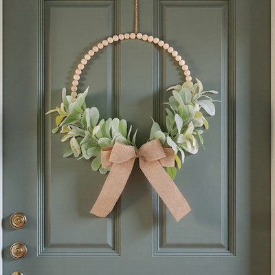 Saisonaler Herbstkranz mit Holzperlen Schleife Handarbeit für Wand oder Tür
