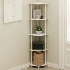 Turn-N-Tube 5 Tier Corner Display Rack Multipurpose Shelving Unit, White/White