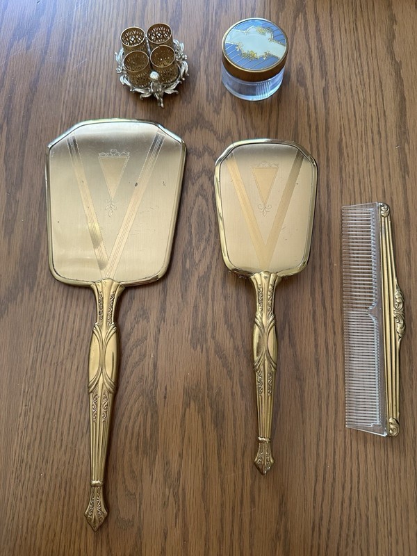 Vintage Brass Vanity Set Mirror Brush Comb Lipstick Holder Glass/metal Jar