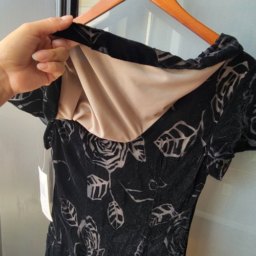 Vintage 80s Robbie Bee Sheath Dress 6 Womens Black Velvet Floral Draped Back - Picture 3 of 8
