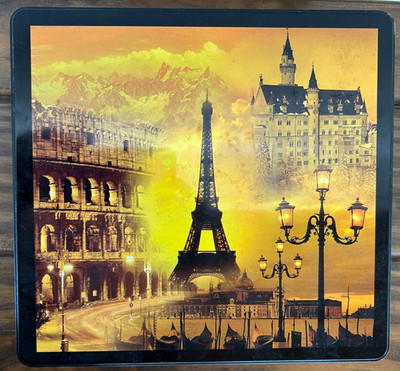 VINTAGE CHARLES DELACRE BELGIUM COOKIE TIN 9 1/2'' x 8 1/2'' x 4''   EIFFEL TOWER