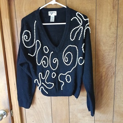 MY Black Sweater Medium Pearl Beaded V-Neck Angora Silk Blend Embellished