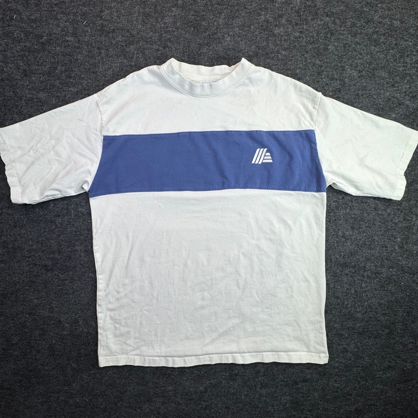 Aldi Gear T-Shirt Mens Size M White Blue Stripe Graphic Logo Short Sleeve Cotton