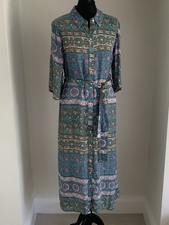 Monsoon Teal Pink Paisley Floral Print Shirt Dress Silky Midi Size 12-14