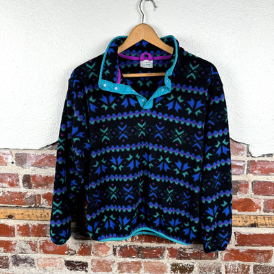 Vintage LL Bean Jacket Medium Black Blue Snap Fleece Pullover Snowflake  Tribal