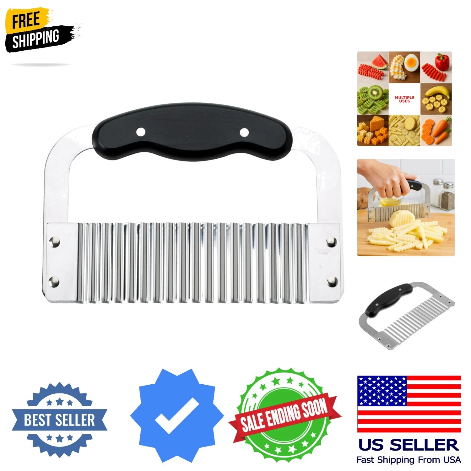 Crinkle-Cut Wave Slicer French Fry Vegetable Cutter, Stainless Steel Blade, F...