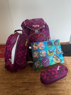 Ergobag Schulranzen Mädchen, Lila Pink mit Sporttasche, Mäppchen und Kletties
