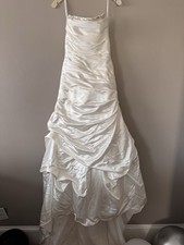 David's Bridal Ivory Satin Sleeveless A-Line Wedding Dress with Beading and Veil