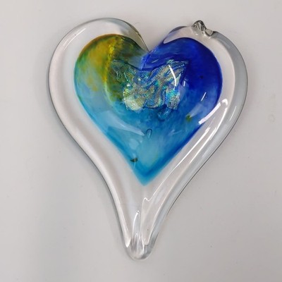 Hand Blown Fused Glass Heart Ornament Blue Green Signed Art Suncatcher