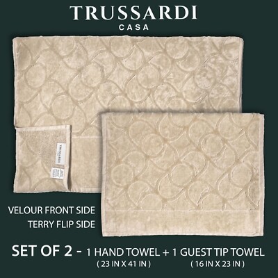 TRUSSARDI CASA Hand + Guest Towel Set Greyhound Monogram Velour Blue OR Camel