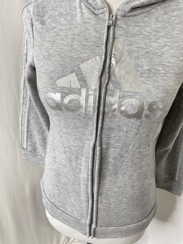 Girls Large Hoodie Adidas Grey Silver Logo Full Zip Athletic Long Sleeve - Picture 6 of 9