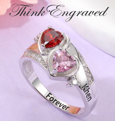Personalized 2 Heart Stones Mother's Ring - Engraved 2 Birthstone Mother's Ring