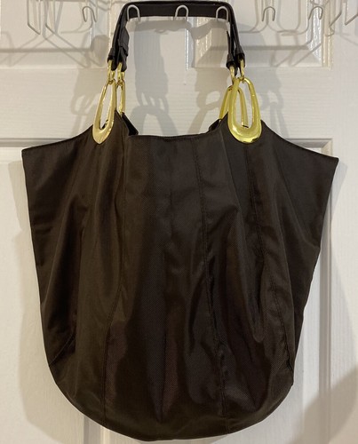 Braciano Tote Bag Hand Shoulder Brown Fabric Gold Hardware Button Closure - Picture 3 of 9