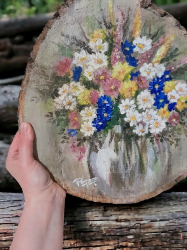 Picture Acryl Paint Wooden Slice Flower Bunch Bark Moss Natural Signed Certifed - Picture 8 of 12