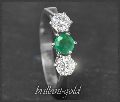 Diamant & Smaragd Ring in 585 Weißgold, 1,25ct Dreisteinring, Vintage um 1970 - Bild 1 von 4