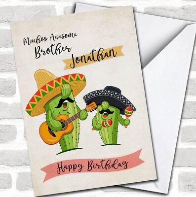 Funny Cactus Sombrero Guitar Maracas Happy Brother Personalised Birthday Card