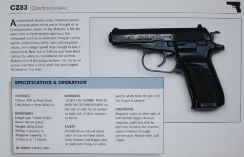 CZ 83 CZ83 Gun Pistol Picture Out of Print Firearm Spec Sheet Decor Art