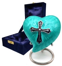 Sea Green Heart Cremation Urn for Human Ashes Adult Decorative Religious Cross