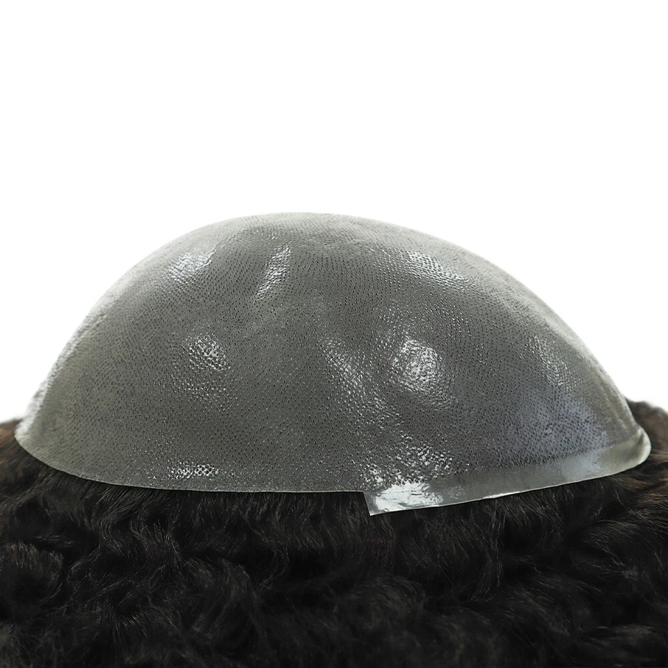 Mens Human Hair Replacement System Afro Curl Poly Skin Toupee Black Hair Pieces - Image 4 of 4