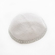 Tricoté 17cm Blanc Brodé Argent Kippa Juif Judaique Casquette Kippa