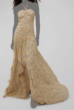 $999 Veronica Beard Womens Yellow Silk Paisley Ruched Halter Lucine Dress Size 0