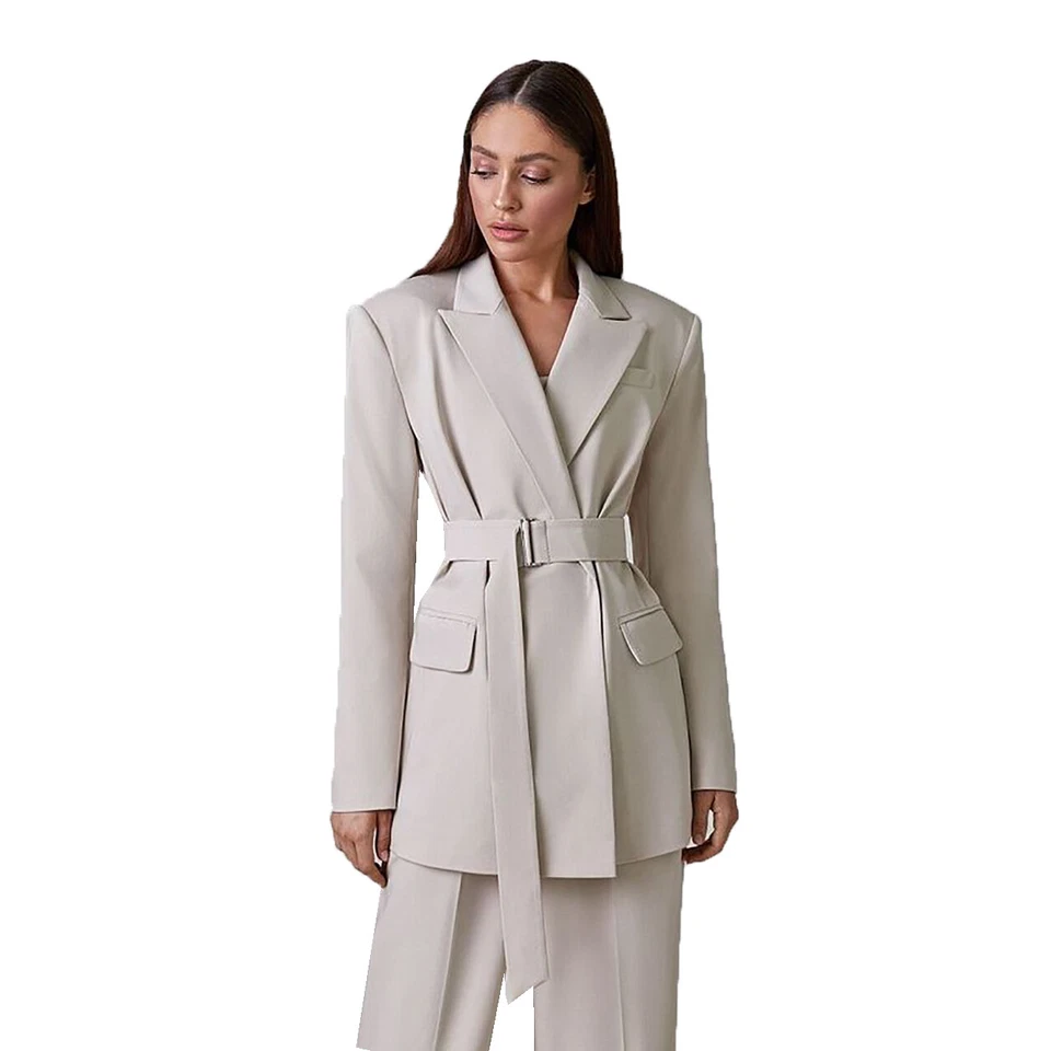 Nuevo Primavera Mujeres Damas Trajes 2 Piezas Doble Pecho con Cinturón Pantalones Anchos Foto 2 de 4