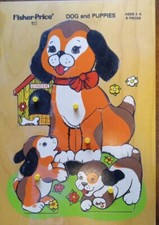 Vintage 1970s Fisher Price Wooden Puzzle Dog and Puppies Made In Holland rare