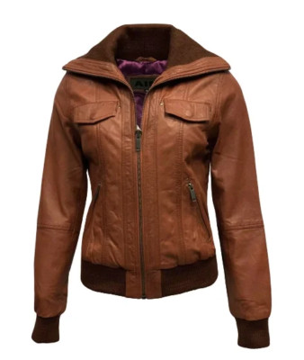 Women Brown Leather Bomber Jacket with Ribbed Collar & Functional Pocket Design