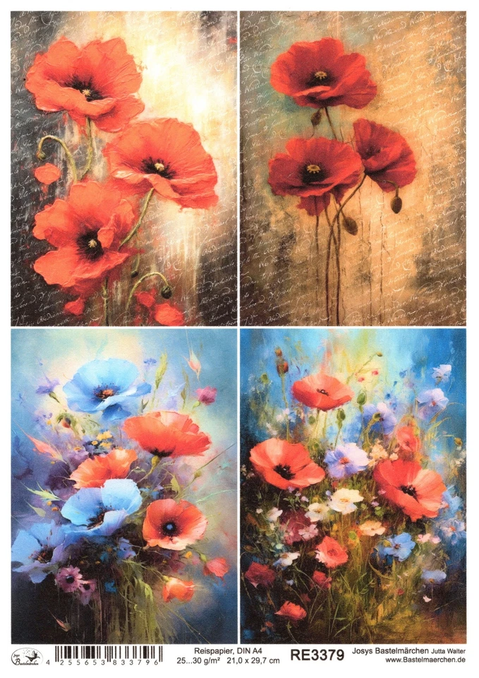 JOSYS BASTELMÄRCHEN Reispapier A4 Strohseide Decoupage Mohn Mohnblumen Text Vintage RE3379