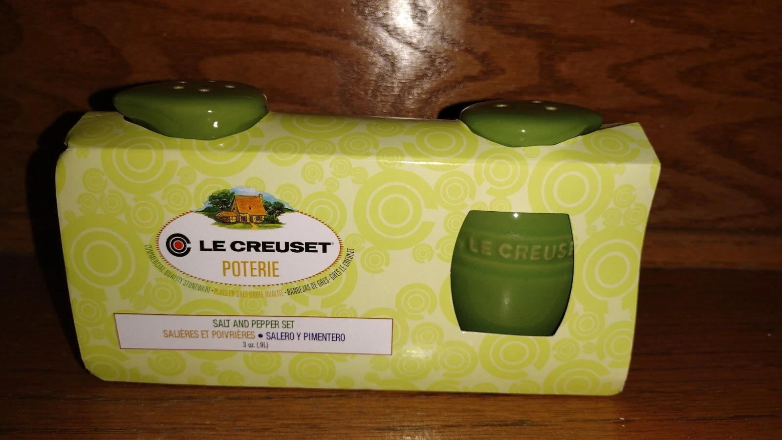 Le Creuset Stoneware Medium Green Potiere Pitcher Salt Pepper Shaker Set