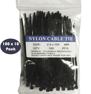 1000 Pack -100 X 2.5MM Nylon Cable Zip Tie Wraps in Black 