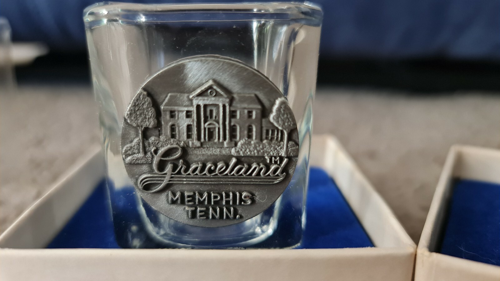 2x Glass and Pewter Graceland Square Shot Glasses Made In USA ELVIS