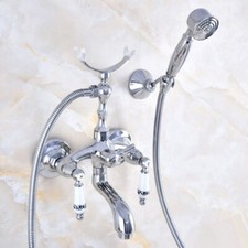 Polished Chrome Brass Wall Mount Clawfoot Bath Tub Faucet Tap w/ Handheld Shower