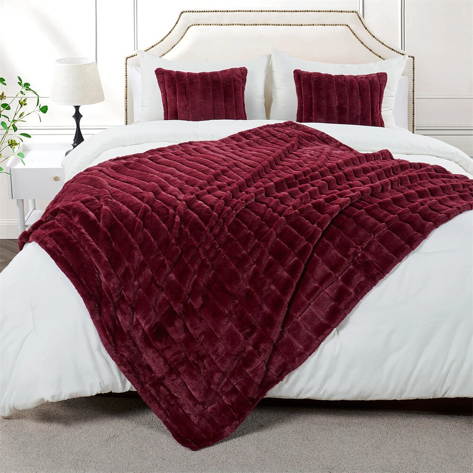 Manta de lujo de piel sintética de conejo con 2 fundas de almohada - diseño a rayas regalos Foto 4 de 4