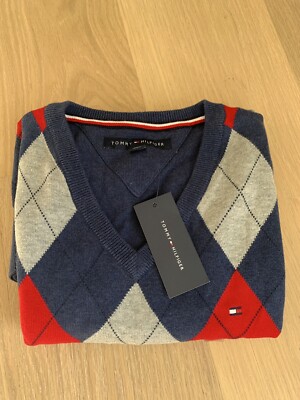 New Tommy Hilfiger Mens Pullover Sweater Argyle V-Neck Cotton M