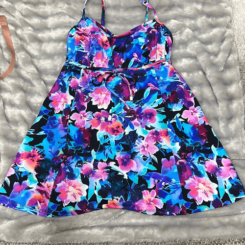 Swim Solutions MULTI SPRAY BLACK Empire-Waist Tummy-Control Swimdress US 8 - Picture 2 of 3