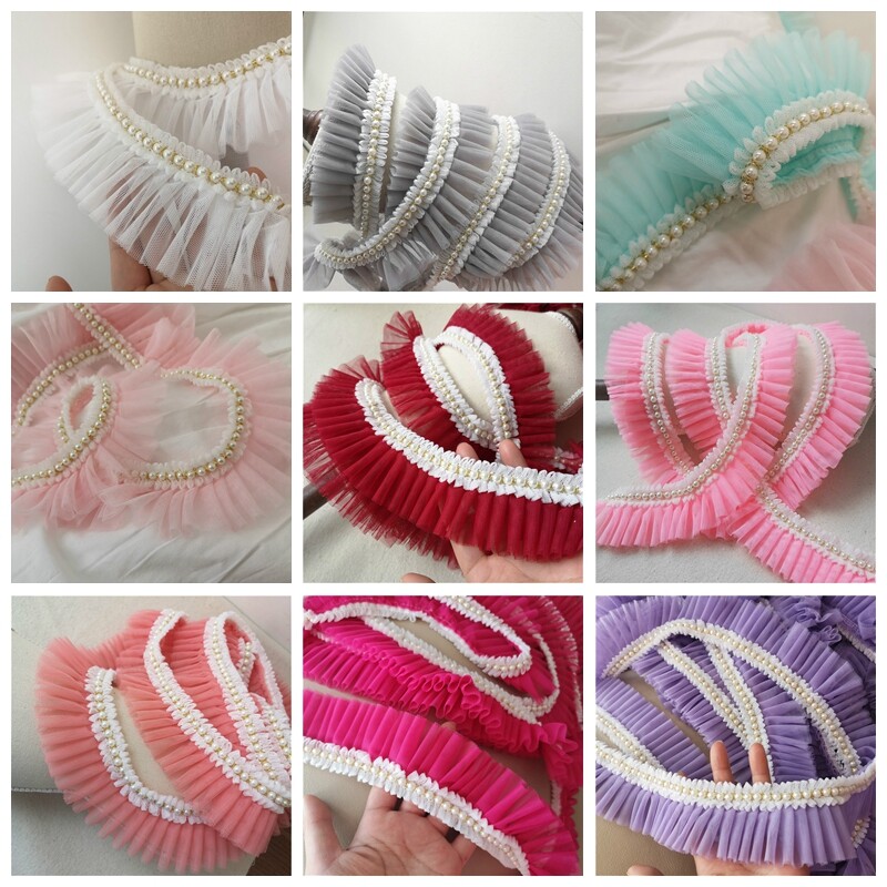 2M Pearl Beaded and Lace Net Ruffle Edge Frill Sewing Trim Dress Craft ...