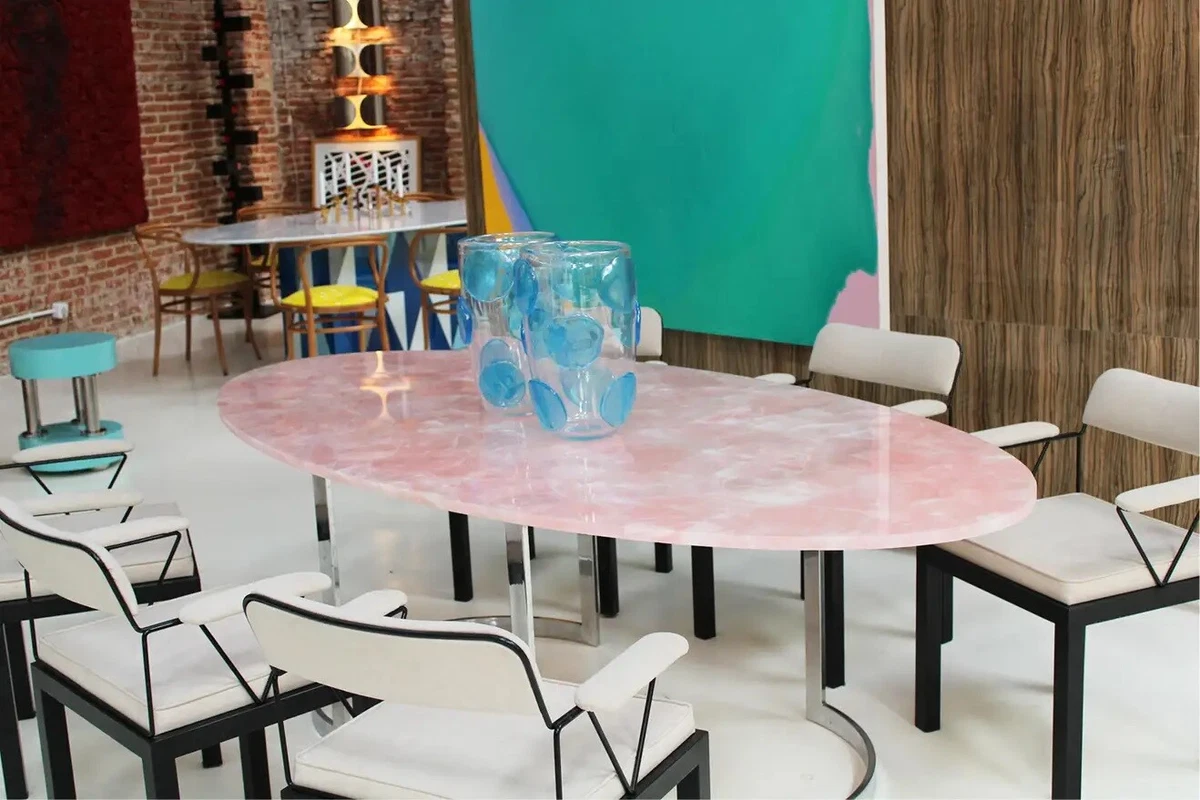 Oval Shape Pink Quartz Dining Coffee Table Modern Arts Table Cafeteria Decors