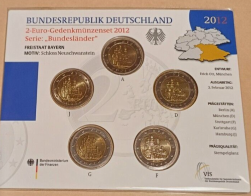 2 Euro-Gedenkmünzenset 2012 "Serie Bundesländer" Bayern Schloss Neuschwanstein - Bild 1 von 2