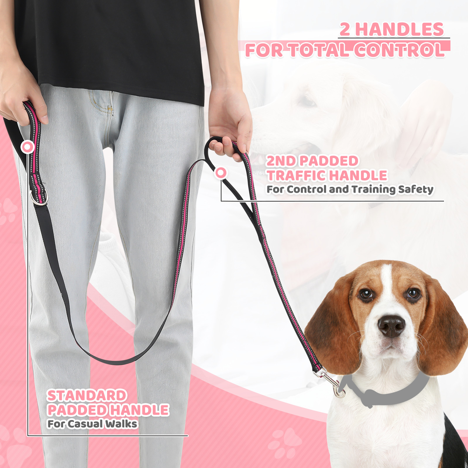 Soft Dog Leash Pet Leash Control Heavy Duty 5FT Pink Reflective Leash w/Handles