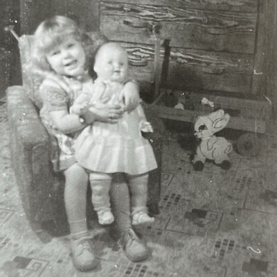Vintage B&W Snapshot Photograph Adorable Little Girl Doll & Rabbit Toy
