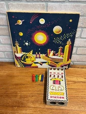 Vintage 1950's Amsco Rockets Away Space Station Dart Board Space Game w/ Darts