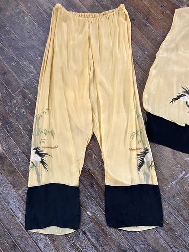 Juego de traje de pijama de dos piezas de seda japonesa grúa años 20 vintage - S/M - Imagen 2 de 10