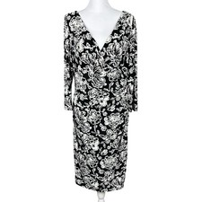 Lauren Ralph Lauren 12 Black Floral Jersey Surplice Ruched Faux Wrap VNeck Dress